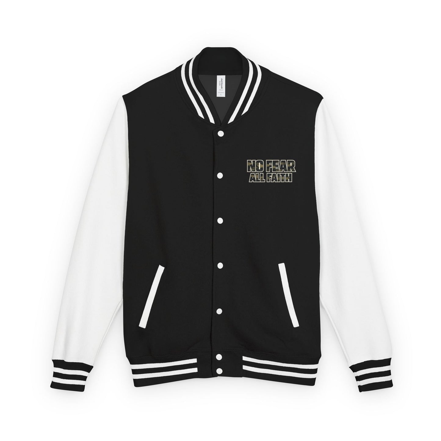 No Fear All Faith Varsity Jacket — 2 Timothy 1:7 Inspirational Letterman Bomber