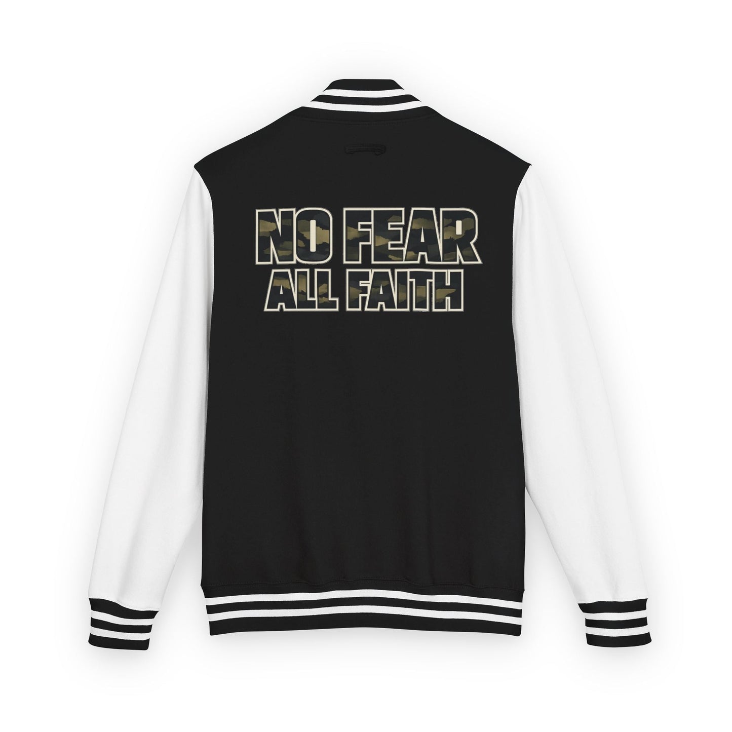 No Fear All Faith Varsity Jacket — 2 Timothy 1:7 Inspirational Letterman Bomber