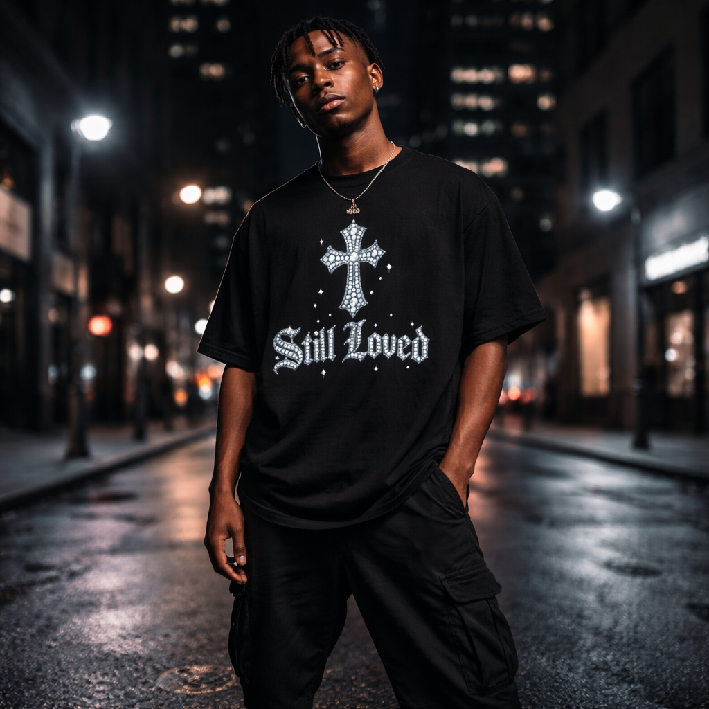 Still Loved. Premium Boxy Tee — Rhinestone Cross Gothic Streetwear Shirt