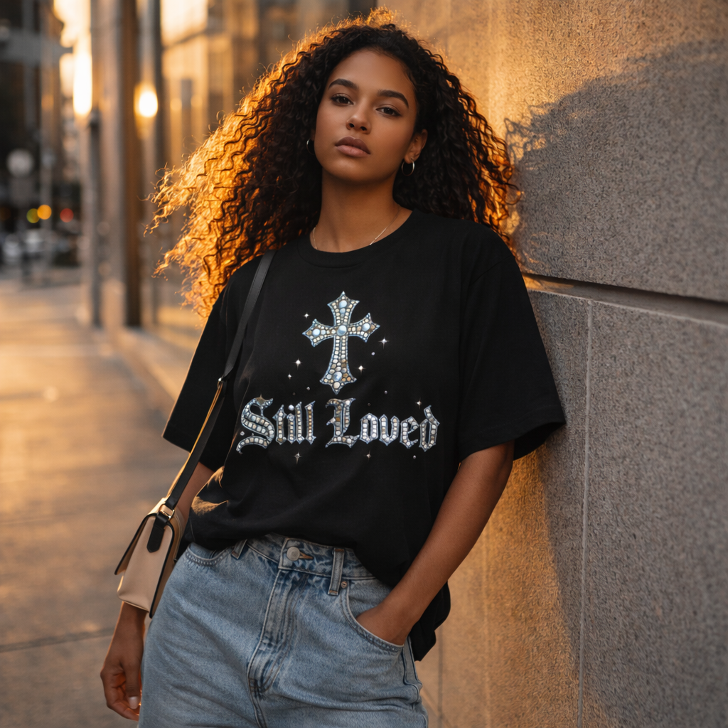 Still Loved. Premium Boxy Tee — Rhinestone Cross Gothic Streetwear Shirt