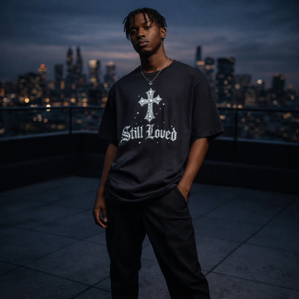 Still Loved. Premium Boxy Tee — Rhinestone Cross Gothic Streetwear Shirt