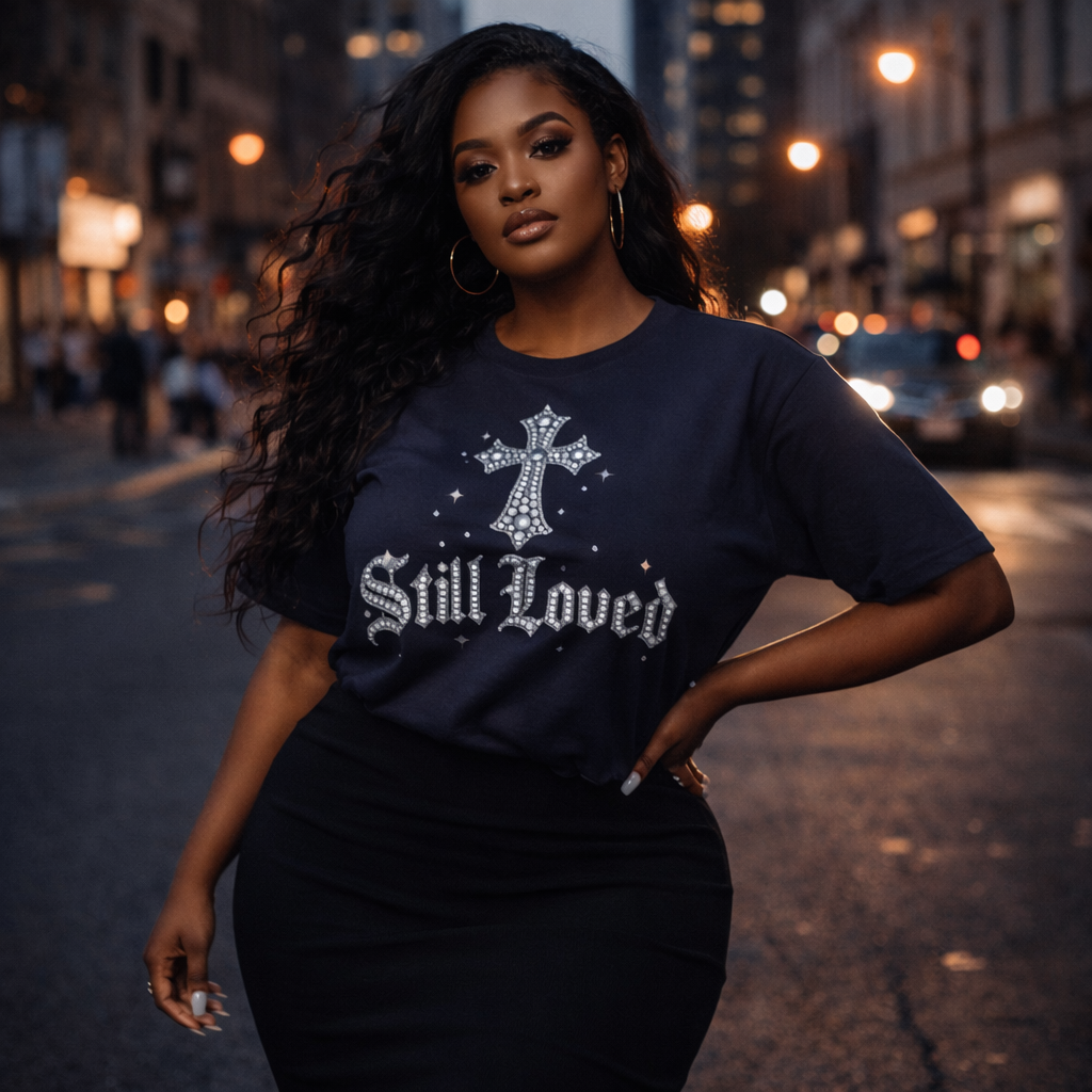 Still Loved. Premium Boxy Tee — Rhinestone Cross Gothic Streetwear Shirt