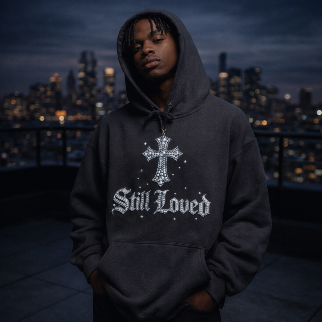 Still Loved. Heavyweight Hoodie — Rhinestone Gothic Cross Streetwear Pullover