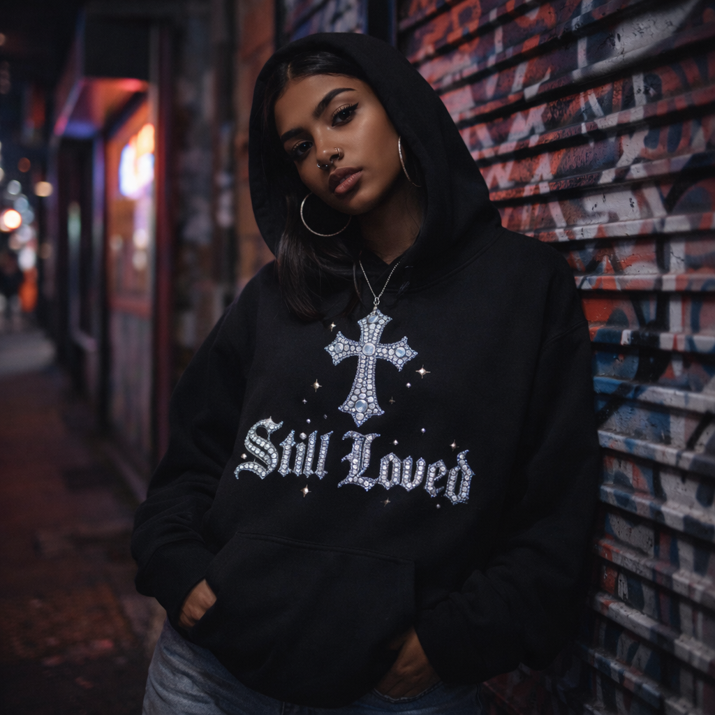 Still Loved. Heavyweight Hoodie — Rhinestone Gothic Cross Streetwear Pullover