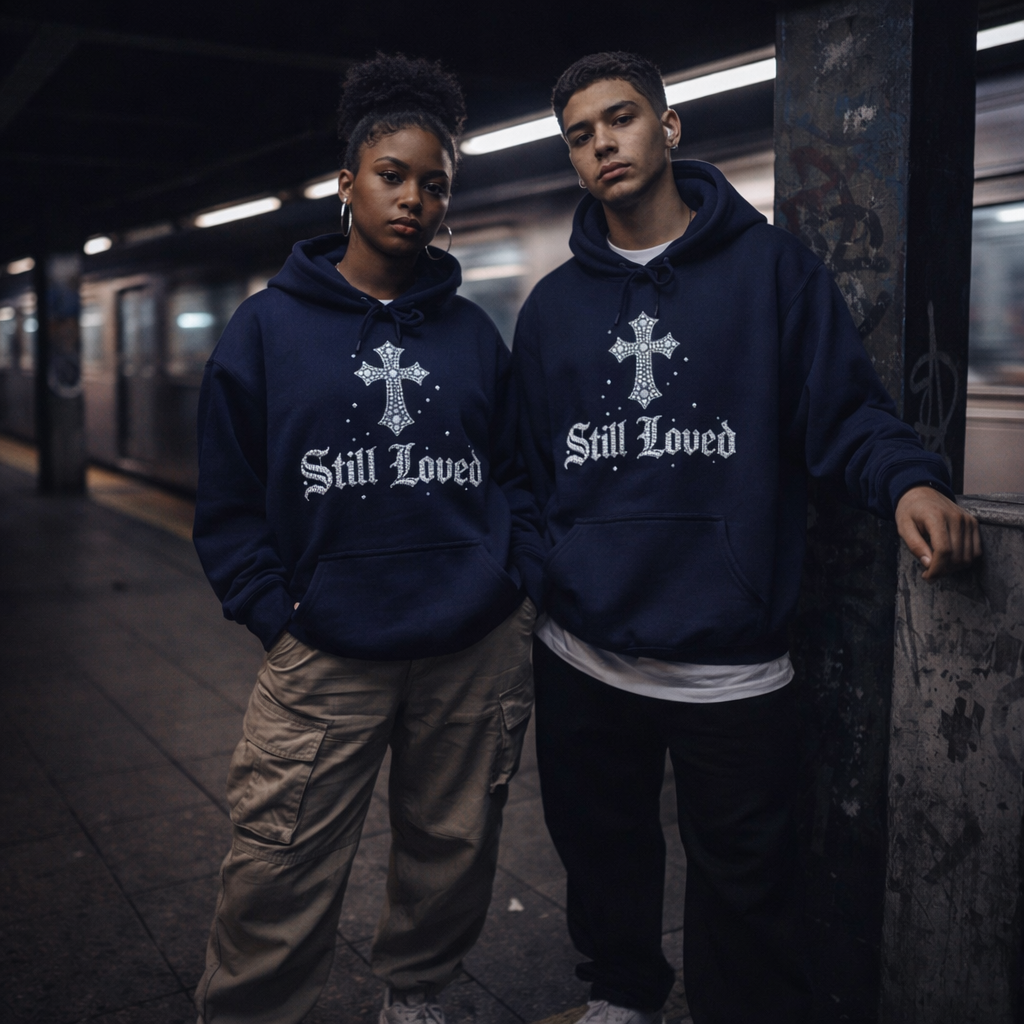 Still Loved. Heavyweight Hoodie — Rhinestone Gothic Cross Streetwear Pullover