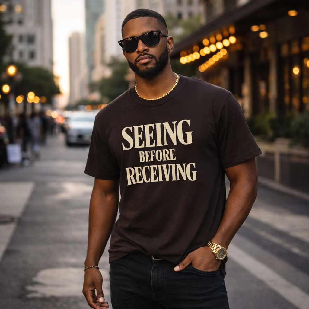 Seeing Before Receiving T-Shirt — Faith Vision Tee, Christian Streetwear Graphic Shirt, Inspirational Statement Tee