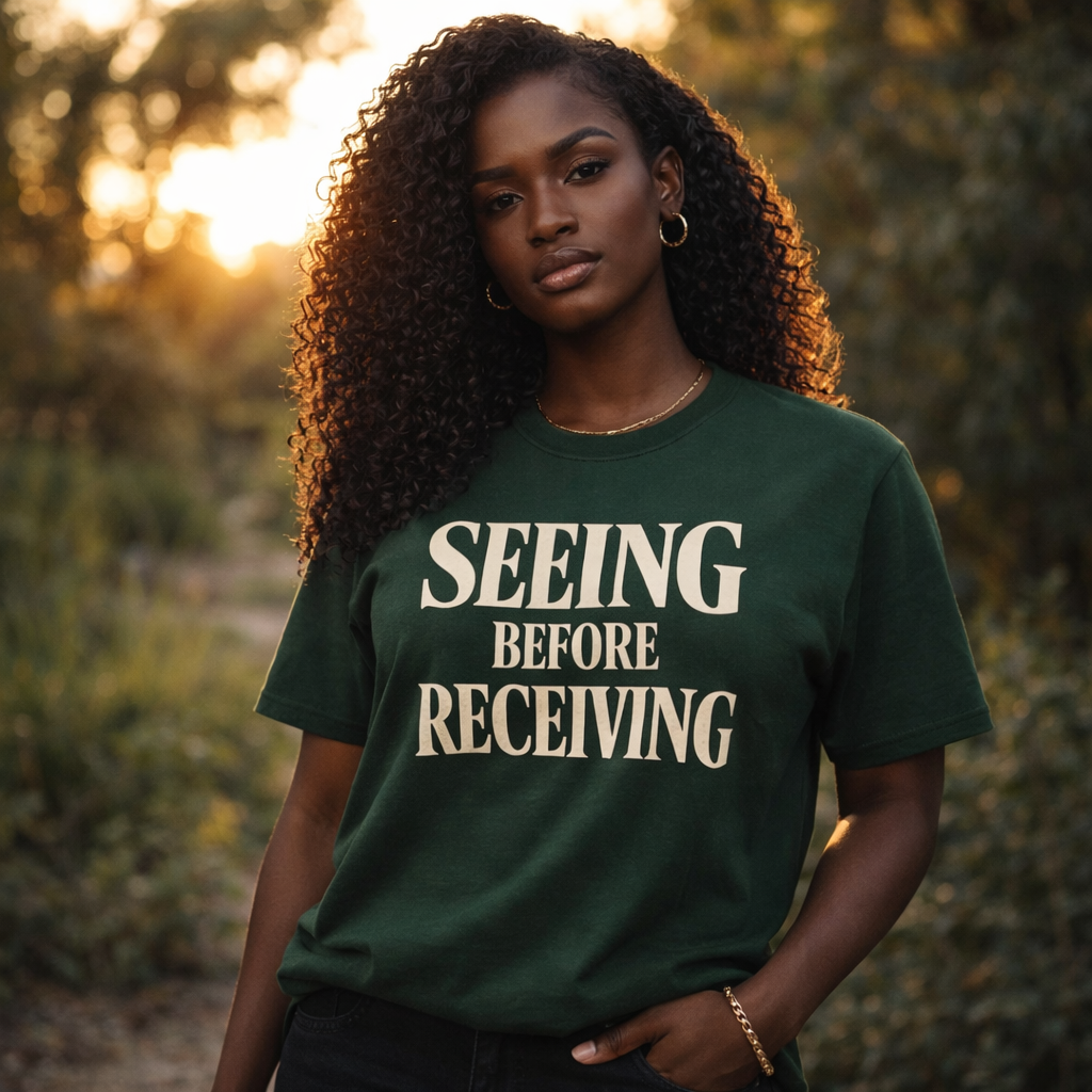 Seeing Before Receiving T-Shirt — Faith Vision Tee, Christian Streetwear Graphic Shirt, Inspirational Statement Tee